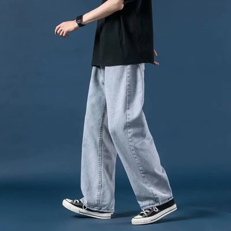 Men Jeans Denim Wide Leg Pants Floor Length Pant Loose Casual High Waist Regular Solid Simple Straight Trousers Autumn 2024