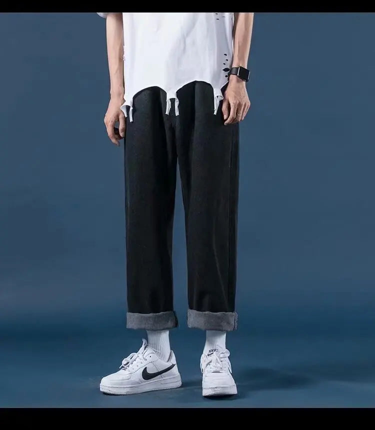 Men Jeans Denim Wide Leg Pants Floor Length Pant Loose Casual High Waist Regular Solid Simple Straight Trousers Autumn 2024