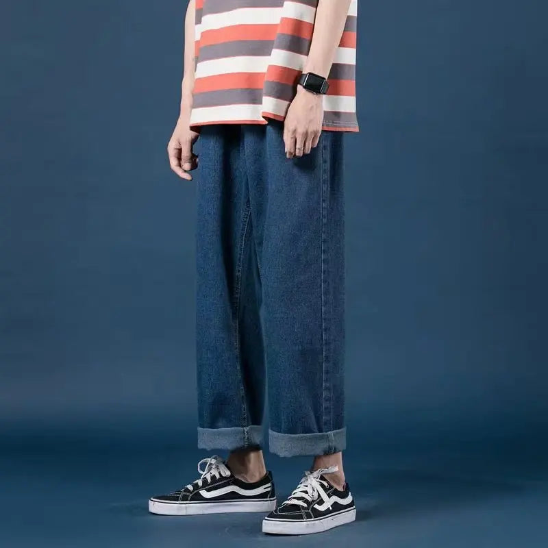 Men Jeans Denim Wide Leg Pants Floor Length Pant Loose Casual High Waist Regular Solid Simple Straight Trousers Autumn 2024