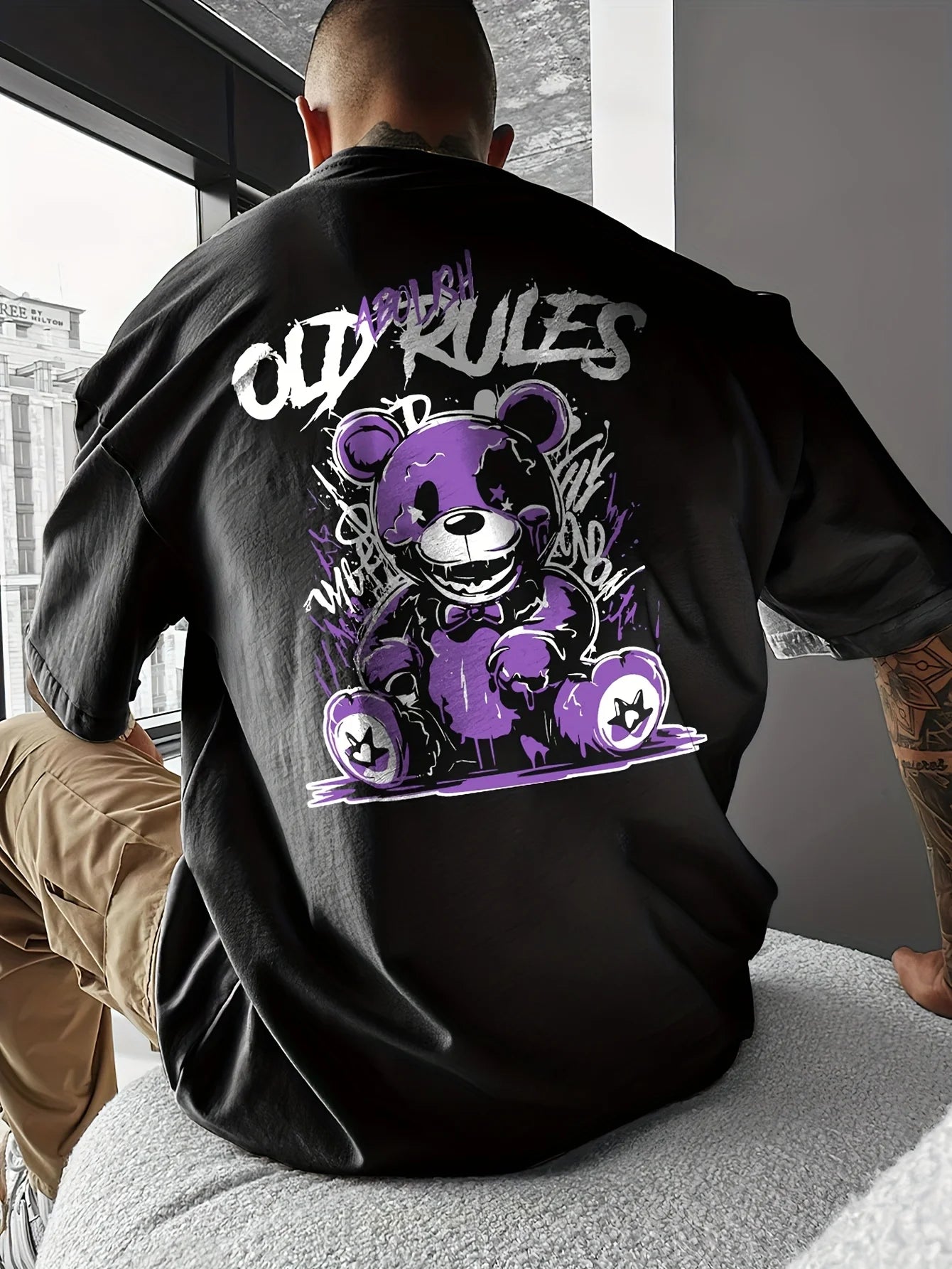 Men's Summer 100 Cotton Fashionable Casual Sports Loose Large Cartoon Bear Pattern Printed Round Neck Short Sleeve T-shirt Top