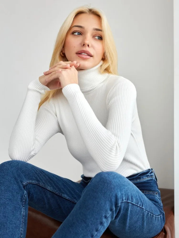 Women Sweater 2024 Autumn Knitted Pullovers Turtleneck Slim Knitting Bottoming Shirt Solid Color Knitwear Jumpers Basic Sweaters