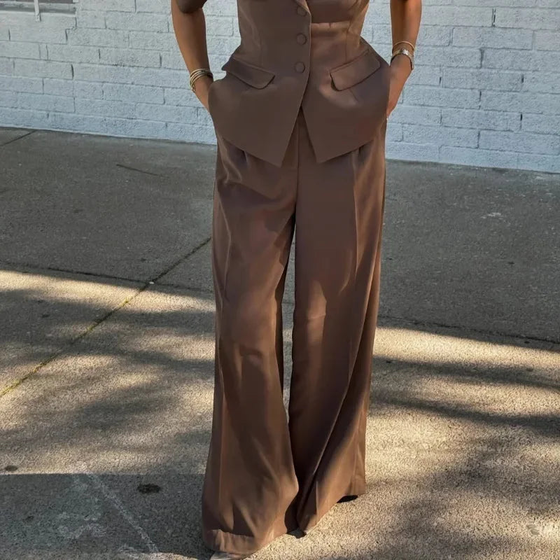 Elegant Solid Blazer Pants Sets Women Shoulder Pads Button Short Sleeve Jacket Wide Leg Trousers 2025 Spring Lady Street Outfits