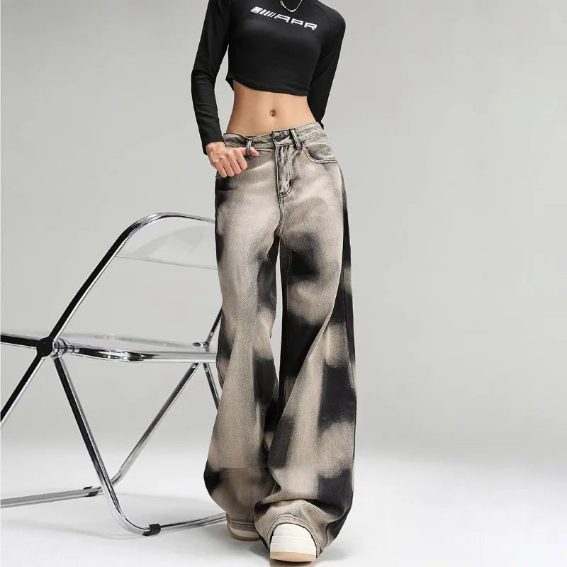2025 Ropa Y2K Fashion Tie Dye Vintage Grey Baggy New Jeans Pants For Women Clothes Korean Casual Lady Trousers Pantalon Femme