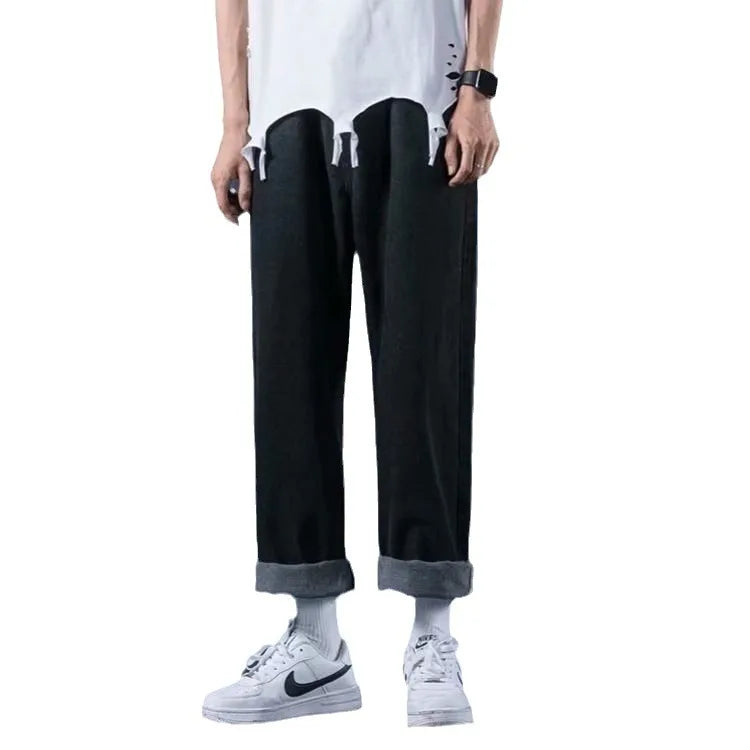 Men Jeans Denim Wide Leg Pants Floor Length Pant Loose Casual High Waist Regular Solid Simple Straight Trousers Autumn 2024