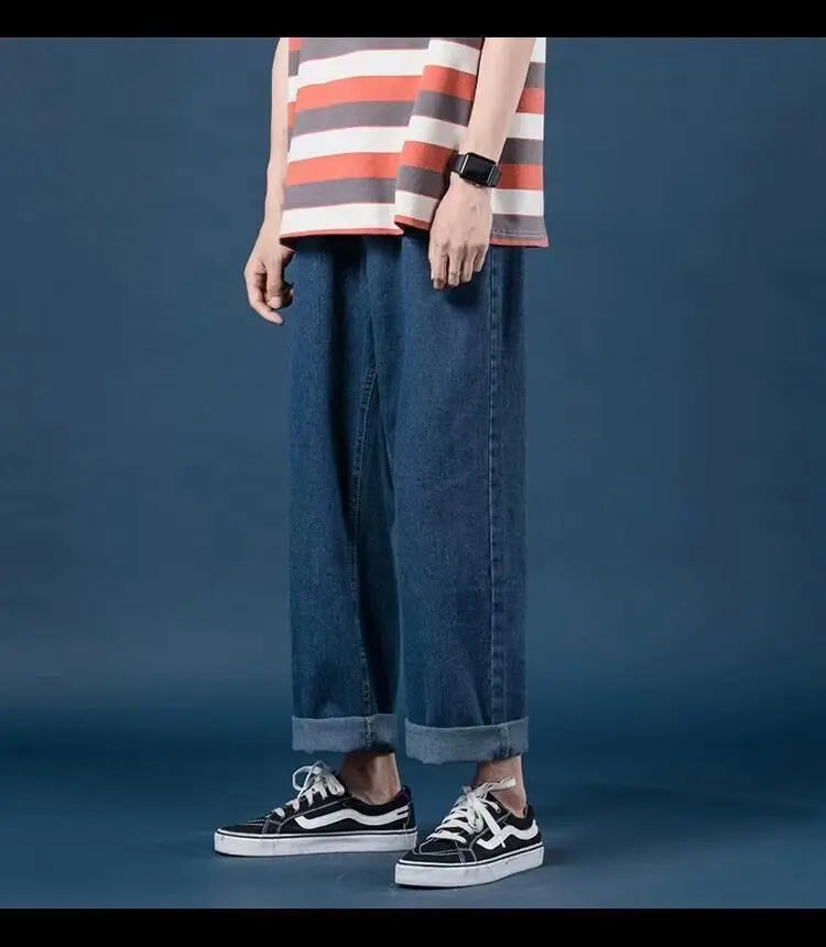 Men Jeans Denim Wide Leg Pants Floor Length Pant Loose Casual High Waist Regular Solid Simple Straight Trousers Autumn 2024