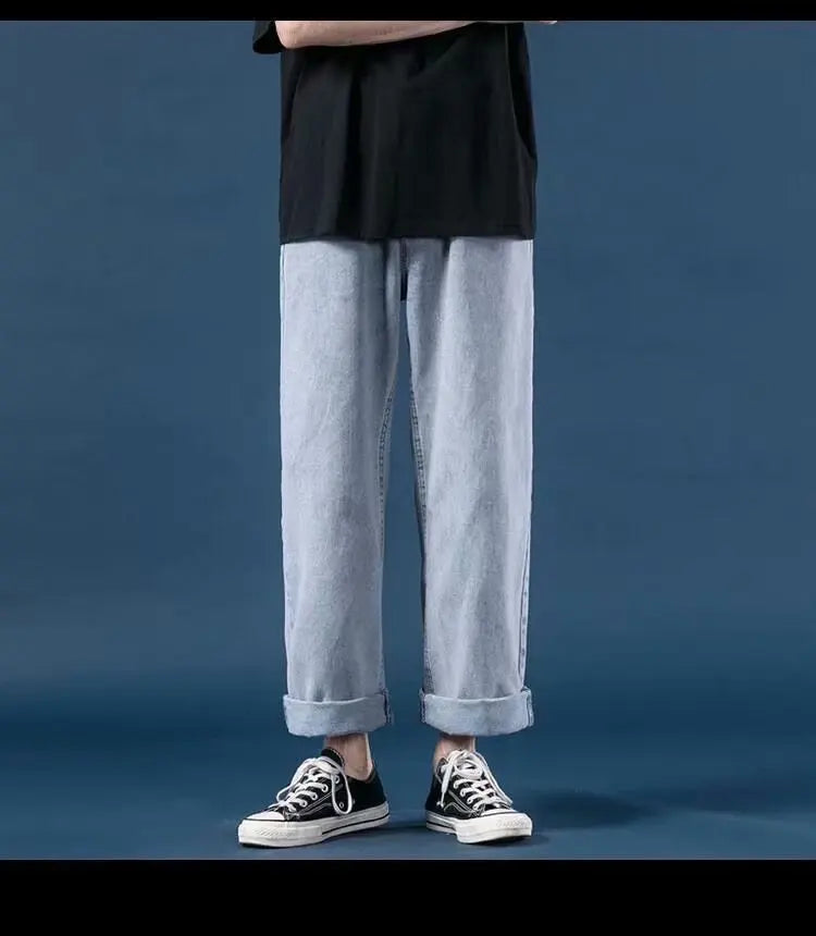 Men Jeans Denim Wide Leg Pants Floor Length Pant Loose Casual High Waist Regular Solid Simple Straight Trousers Autumn 2024