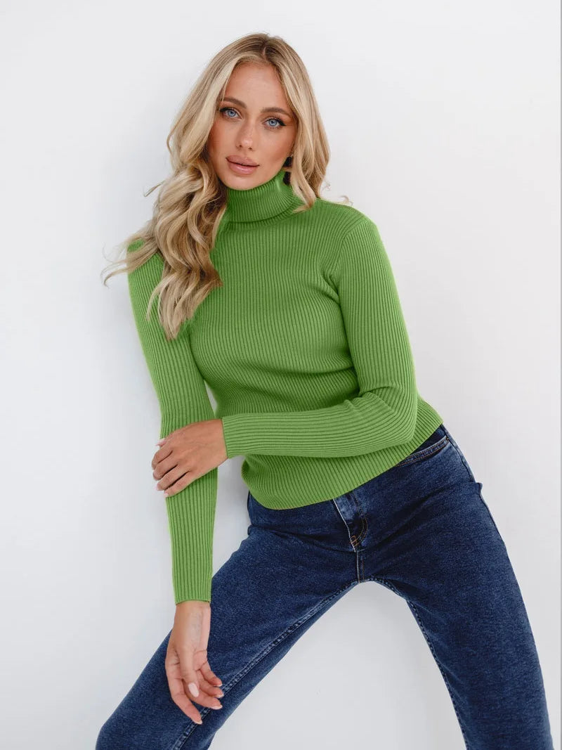 Women Sweater 2024 Autumn Knitted Pullovers Turtleneck Slim Knitting Bottoming Shirt Solid Color Knitwear Jumpers Basic Sweaters