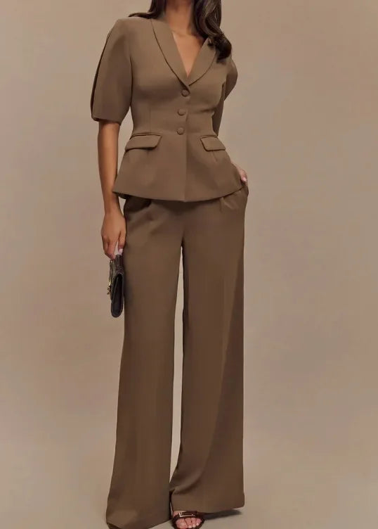 Elegant Solid Blazer Pants Sets Women Shoulder Pads Button Short Sleeve Jacket Wide Leg Trousers 2025 Spring Lady Street Outfits