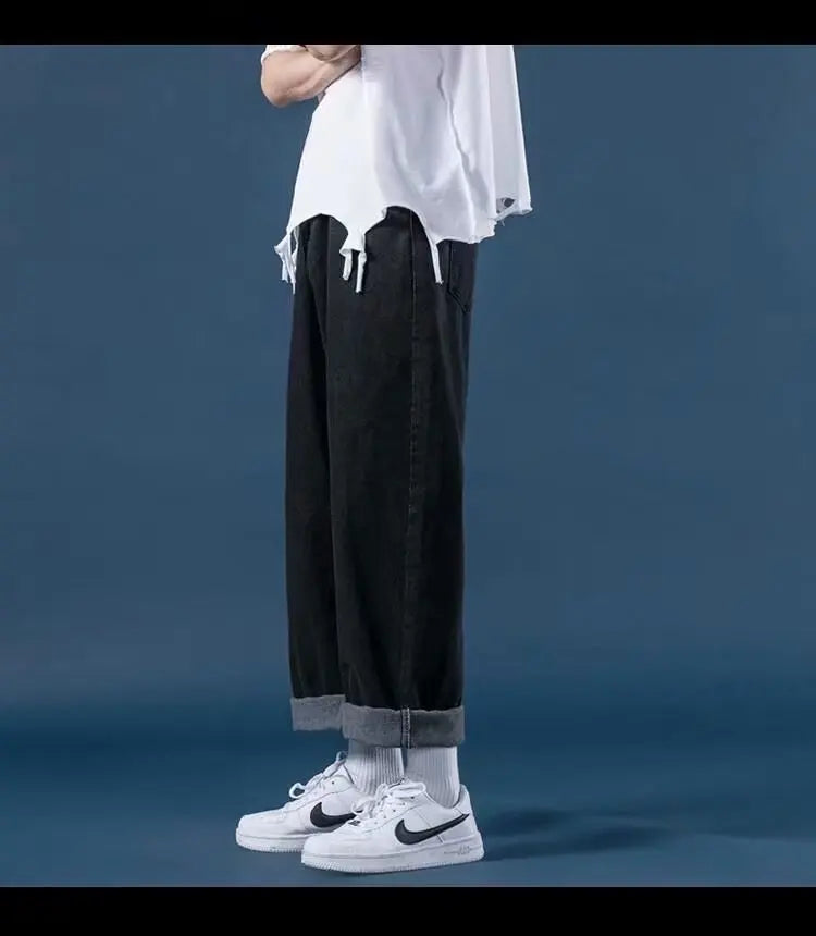 Men Jeans Denim Wide Leg Pants Floor Length Pant Loose Casual High Waist Regular Solid Simple Straight Trousers Autumn 2024