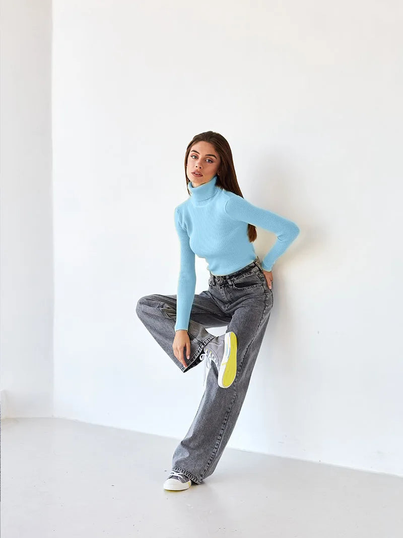 Women Sweater 2024 Autumn Knitted Pullovers Turtleneck Slim Knitting Bottoming Shirt Solid Color Knitwear Jumpers Basic Sweaters