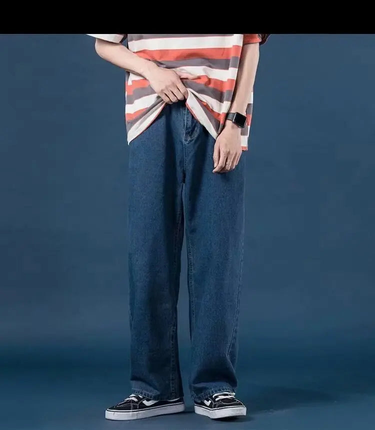 Men Jeans Denim Wide Leg Pants Floor Length Pant Loose Casual High Waist Regular Solid Simple Straight Trousers Autumn 2024