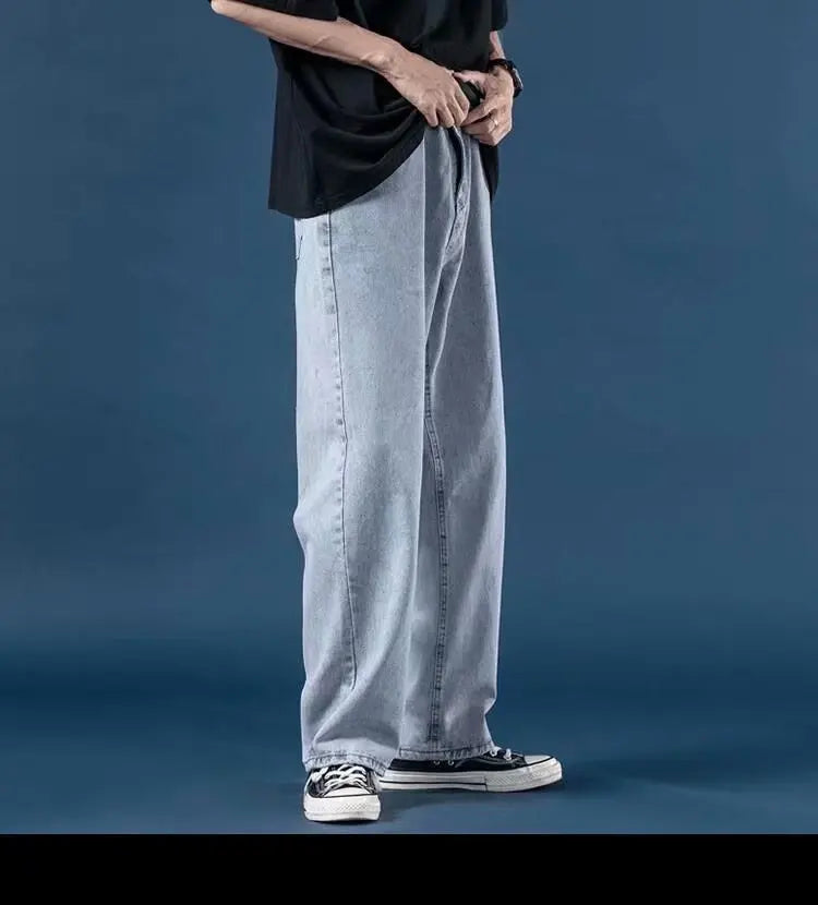 Men Jeans Denim Wide Leg Pants Floor Length Pant Loose Casual High Waist Regular Solid Simple Straight Trousers Autumn 2024