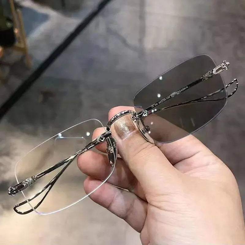 Photochromic Anti-blue Glasses Frameless Temperament Flat Lens Burst Glasses Men Sunglasses