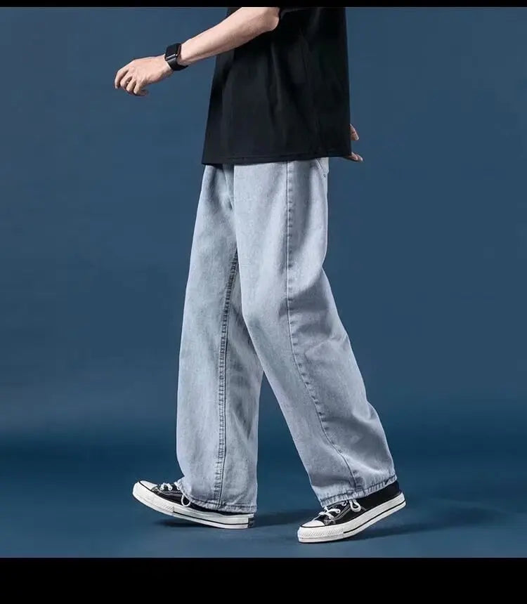 Men Jeans Denim Wide Leg Pants Floor Length Pant Loose Casual High Waist Regular Solid Simple Straight Trousers Autumn 2024