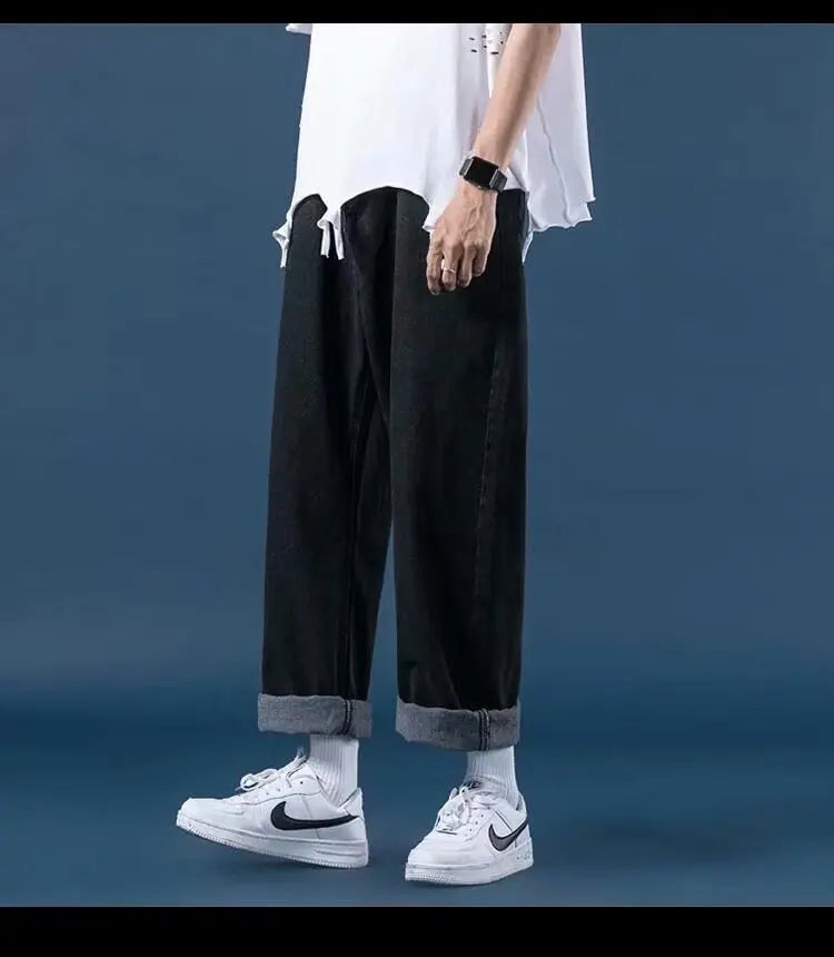 Men Jeans Denim Wide Leg Pants Floor Length Pant Loose Casual High Waist Regular Solid Simple Straight Trousers Autumn 2024