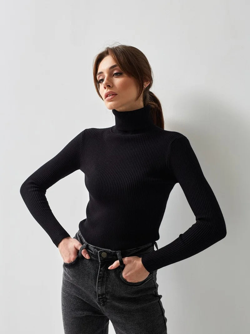 Women Sweater 2024 Autumn Knitted Pullovers Turtleneck Slim Knitting Bottoming Shirt Solid Color Knitwear Jumpers Basic Sweaters