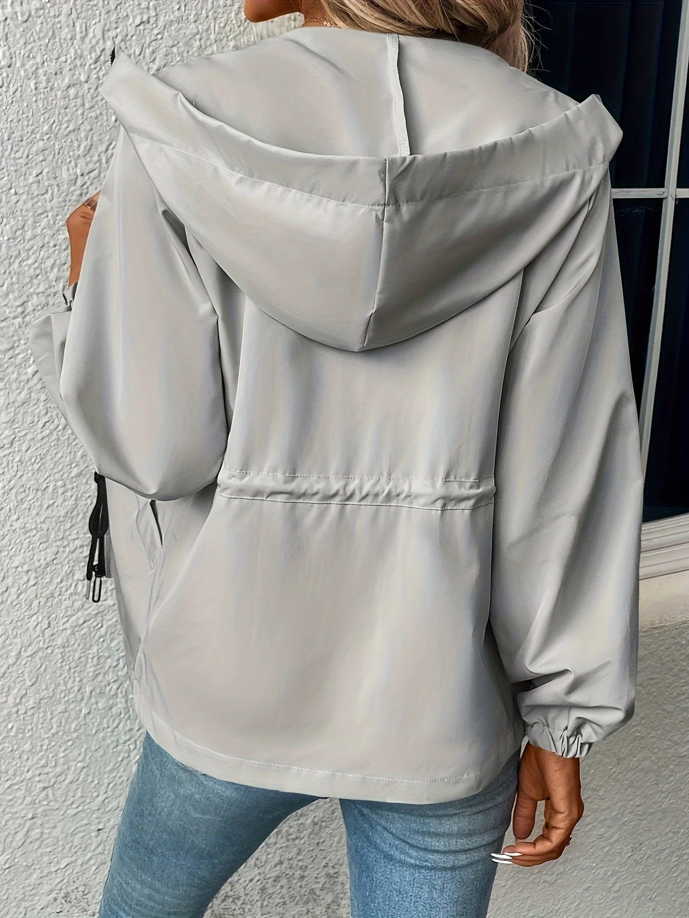 Women's Fashion Hooded Waist Cord Zipper Open Door No Open Pocket Windbreaker