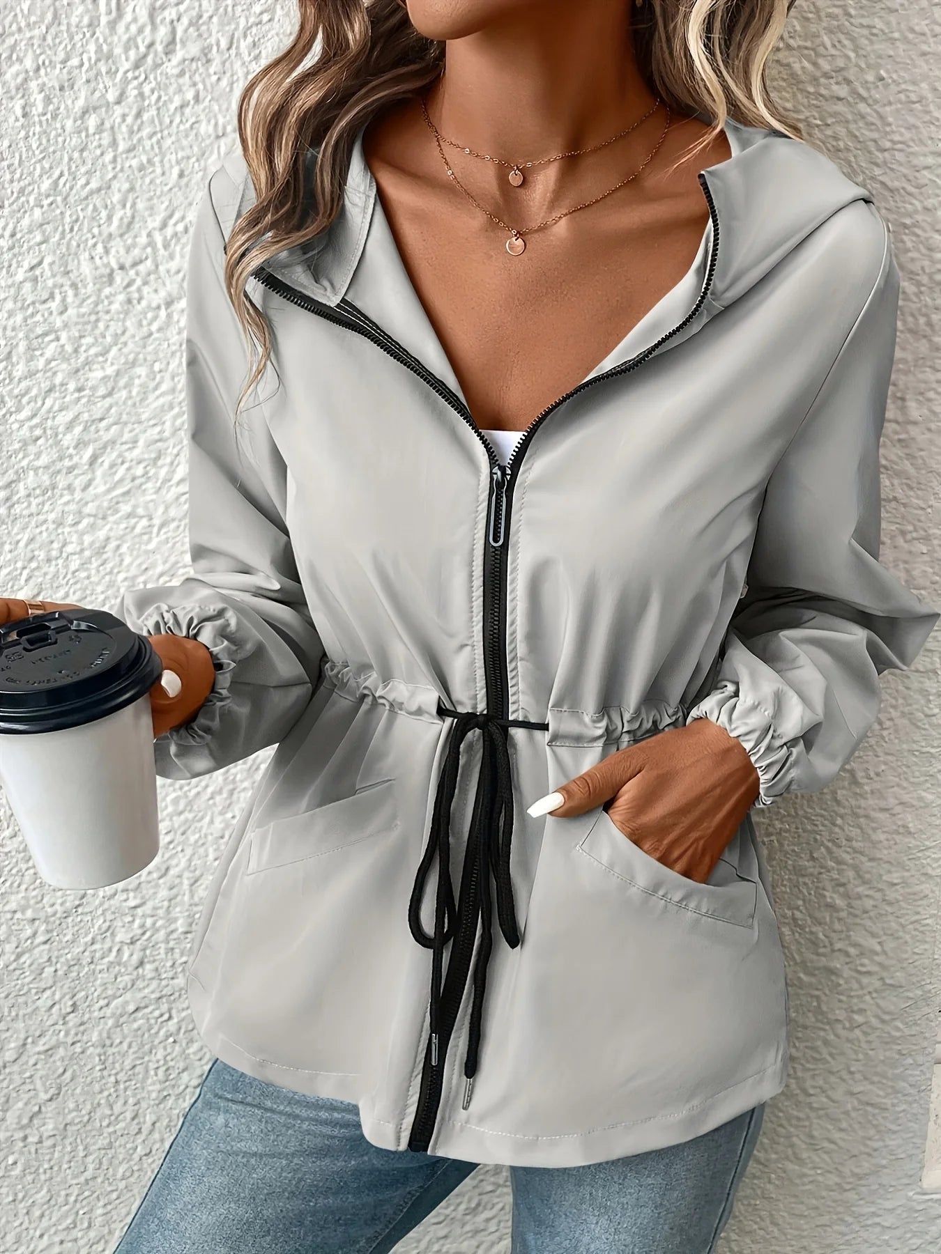 Women's Fashion Hooded Waist Cord Zipper Open Door No Open Pocket Windbreaker