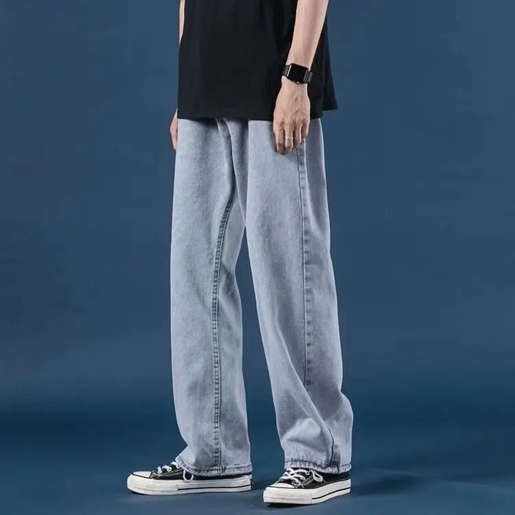 Men Jeans Denim Wide Leg Pants Floor Length Pant Loose Casual High Waist Regular Solid Simple Straight Trousers Autumn 2024