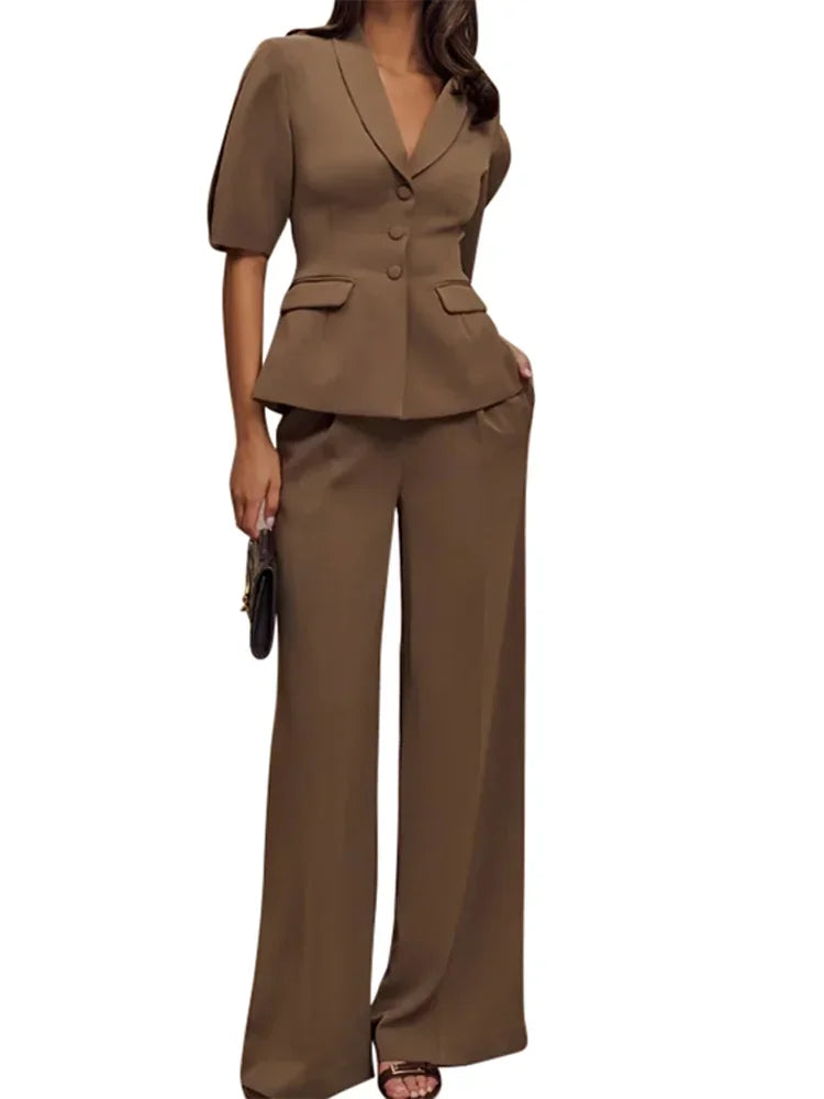 Elegant Solid Blazer Pants Sets Women Shoulder Pads Button Short Sleeve Jacket Wide Leg Trousers 2025 Spring Lady Street Outfits