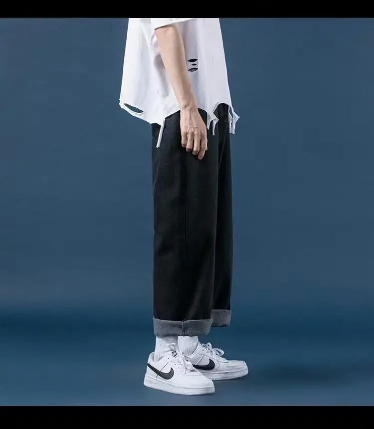 Men Jeans Denim Wide Leg Pants Floor Length Pant Loose Casual High Waist Regular Solid Simple Straight Trousers Autumn 2024