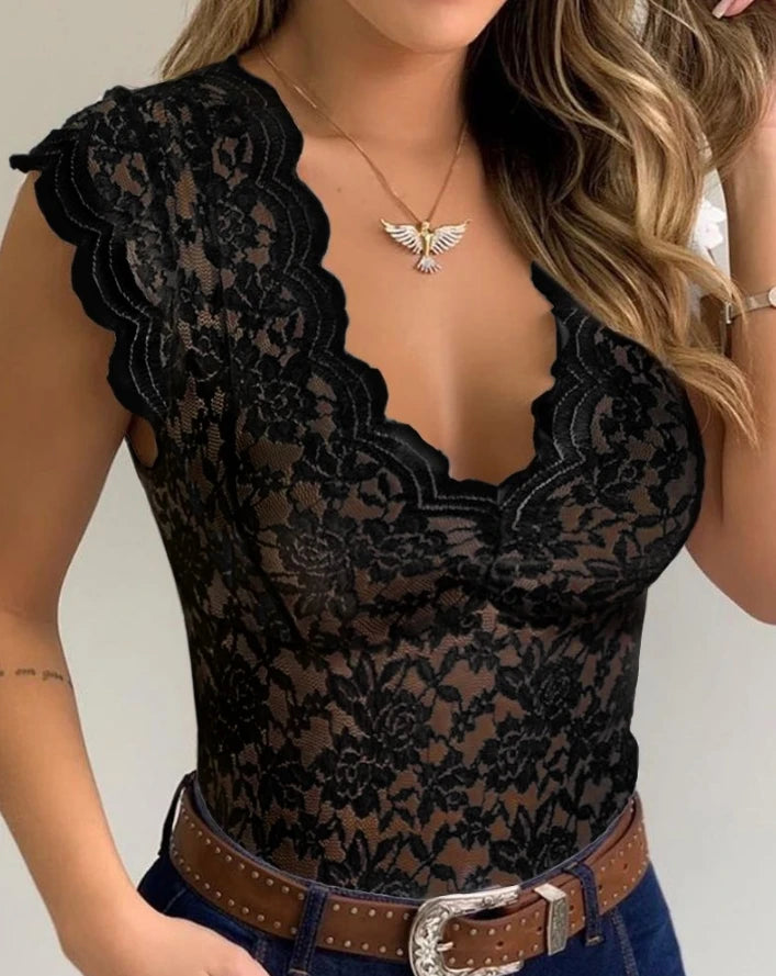 Sexy y2k tops Women 2025 Summer Fashion Crochet Lace Sexy V-Neck Cap Sleeve Skinny Daily Semi-Sheer Bodysuit y2k clothes