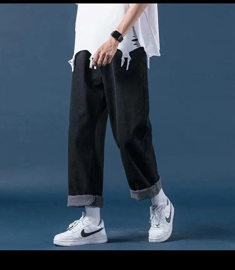 Men Jeans Denim Wide Leg Pants Floor Length Pant Loose Casual High Waist Regular Solid Simple Straight Trousers Autumn 2024