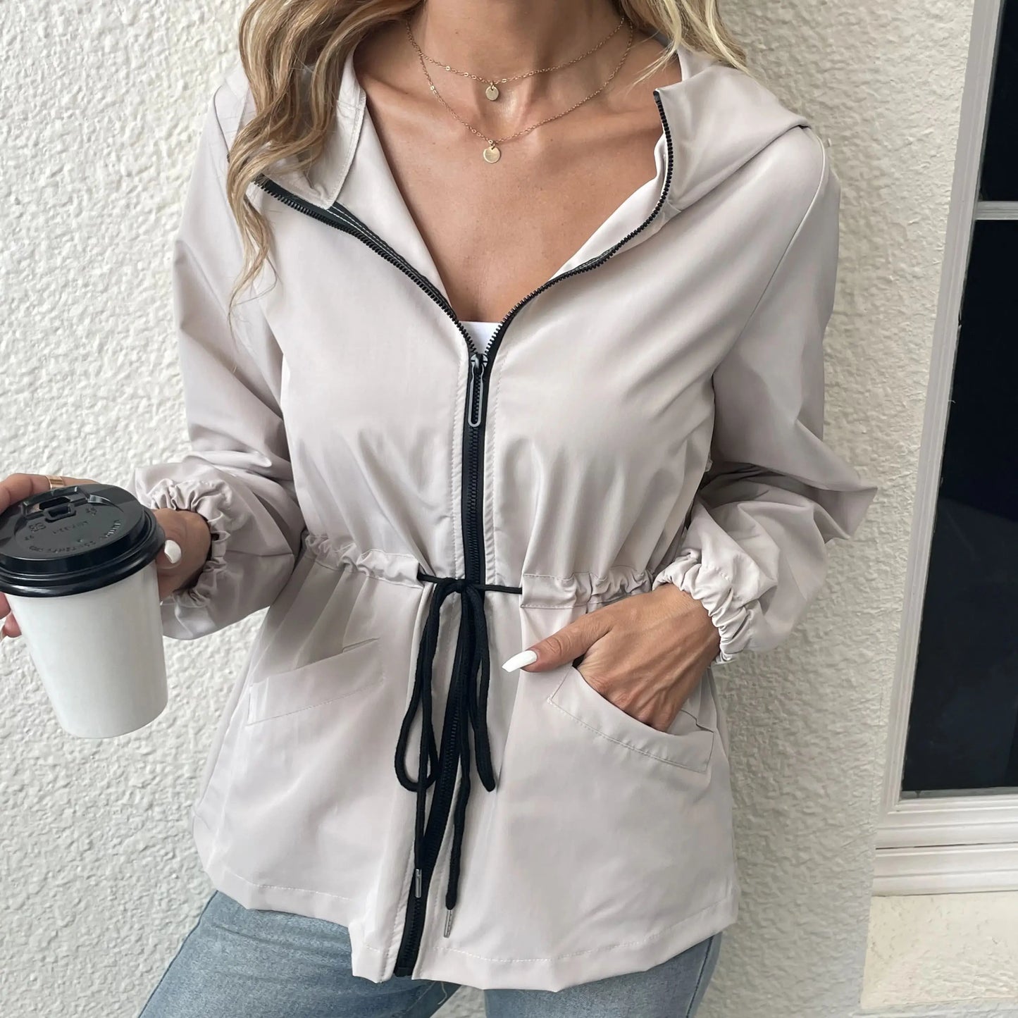 Women's Fashion Hooded Waist Cord Zipper Open Door No Open Pocket Windbreaker
