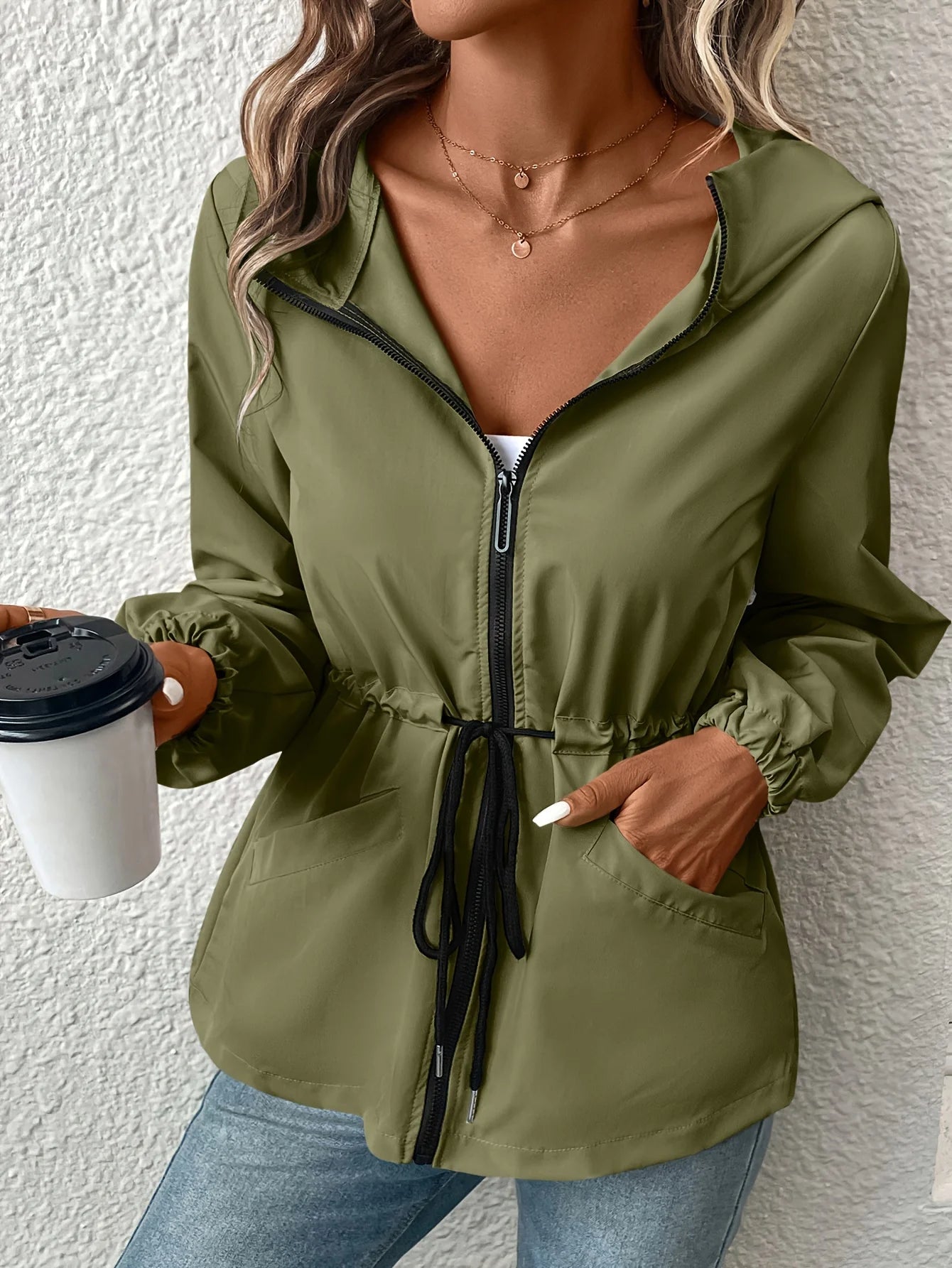 Women's Fashion Hooded Waist Cord Zipper Open Door No Open Pocket Windbreaker