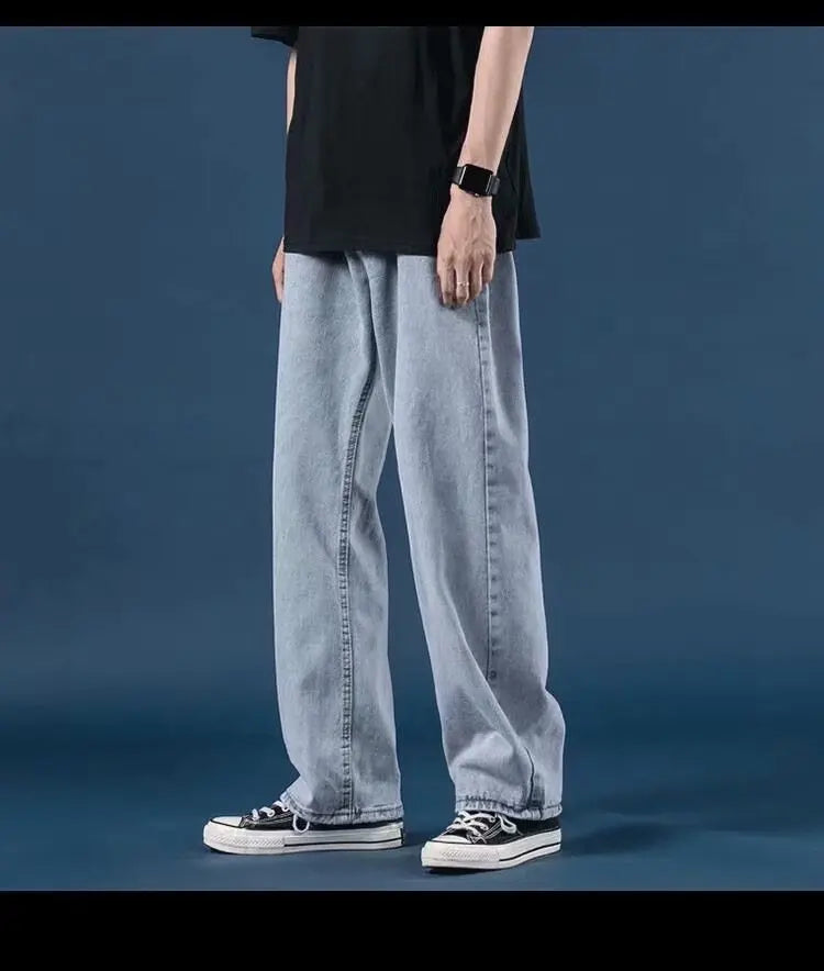 Men Jeans Denim Wide Leg Pants Floor Length Pant Loose Casual High Waist Regular Solid Simple Straight Trousers Autumn 2024