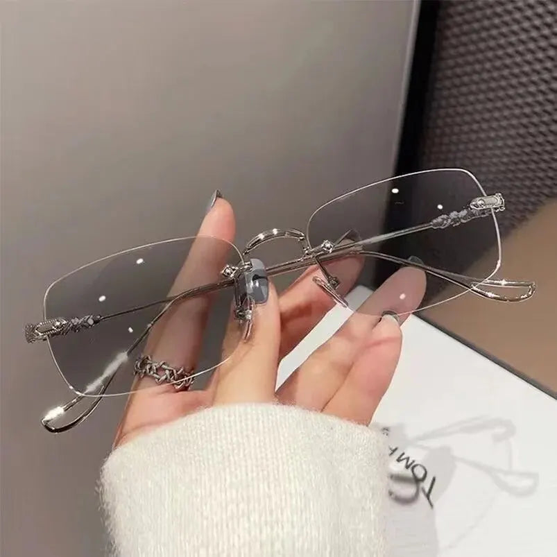Photochromic Anti-blue Glasses Frameless Temperament Flat Lens Burst Glasses Men Sunglasses