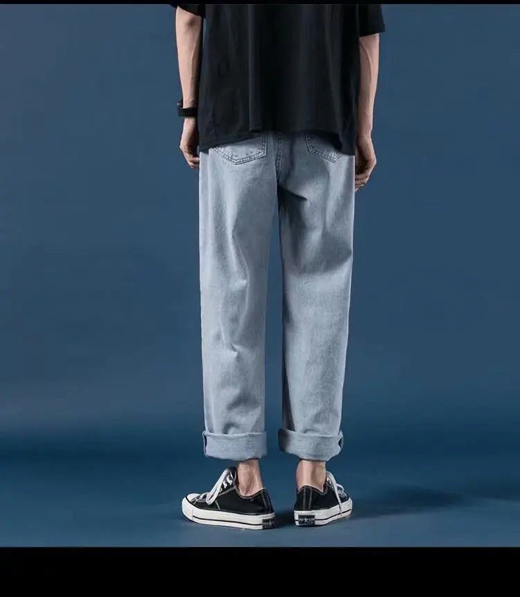 Men Jeans Denim Wide Leg Pants Floor Length Pant Loose Casual High Waist Regular Solid Simple Straight Trousers Autumn 2024