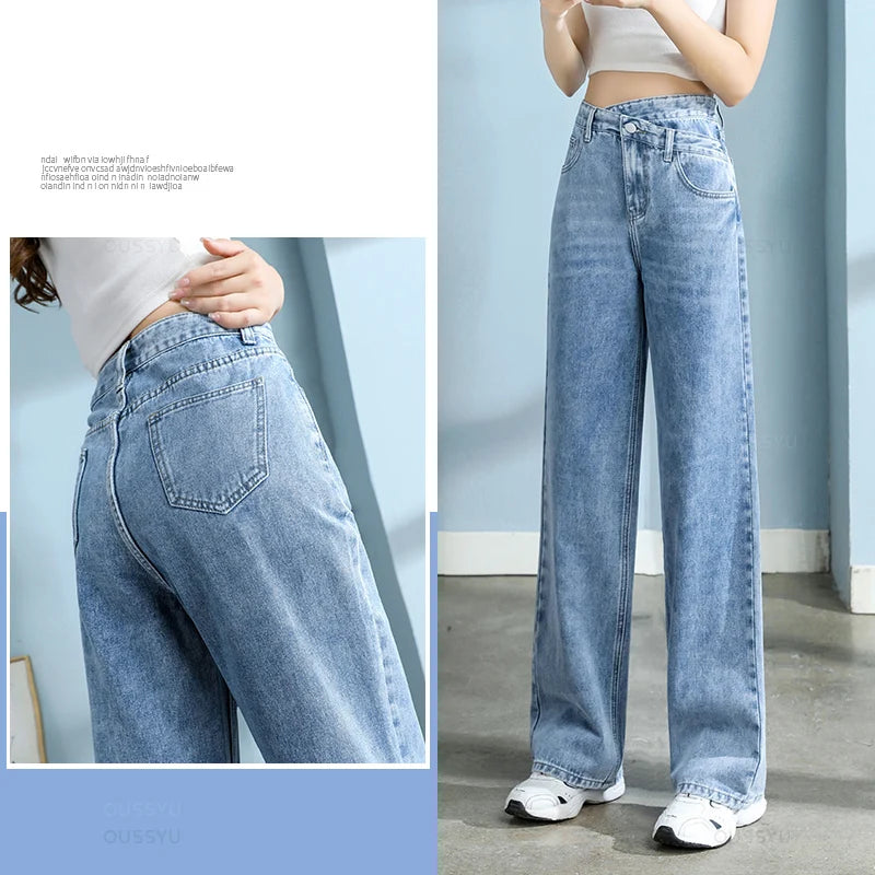 High Quality Cotton Jeans Women Wide Leg Denim Pants Femme Black Blue Streetwear Baggy Straight Design Waist Trousers Woman XXL