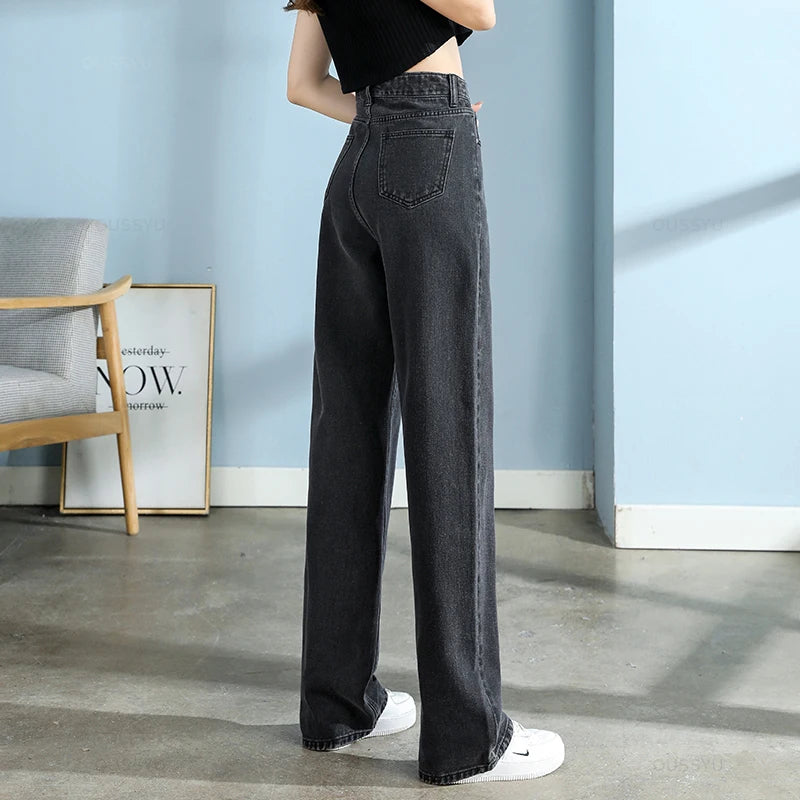 High Quality Cotton Jeans Women Wide Leg Denim Pants Femme Black Blue Streetwear Baggy Straight Design Waist Trousers Woman XXL