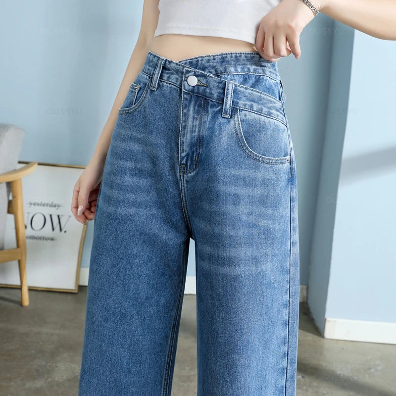 High Quality Cotton Jeans Women Wide Leg Denim Pants Femme Black Blue Streetwear Baggy Straight Design Waist Trousers Woman XXL