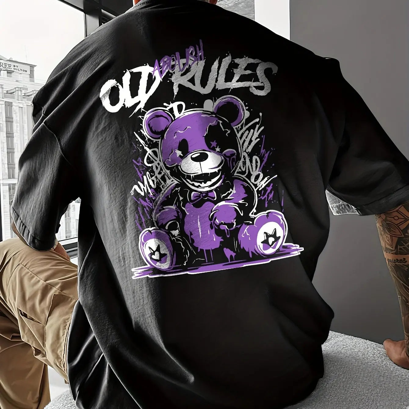 Men's Summer 100 Cotton Fashionable Casual Sports Loose Large Cartoon Bear Pattern Printed Round Neck Short Sleeve T-shirt Top