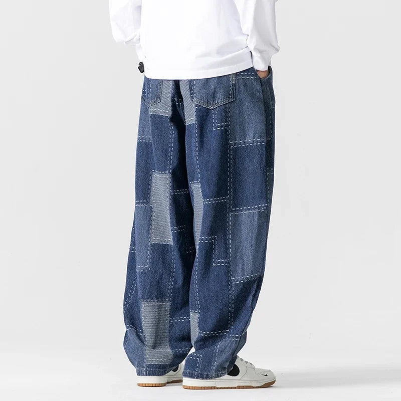 Men Jeans Autumn Thick Vintage Patchwork Hip Hop Denim Pants Male Straight Loose Streetwear Fashion Baggy Casual Cowboy Trousers