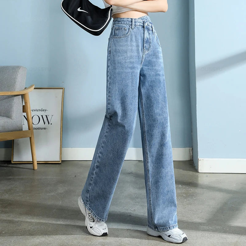 High Quality Cotton Jeans Women Wide Leg Denim Pants Femme Black Blue Streetwear Baggy Straight Design Waist Trousers Woman XXL
