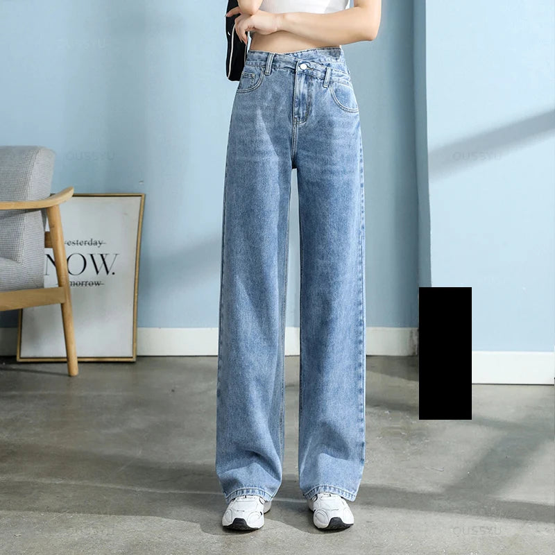 High Quality Cotton Jeans Women Wide Leg Denim Pants Femme Black Blue Streetwear Baggy Straight Design Waist Trousers Woman XXL