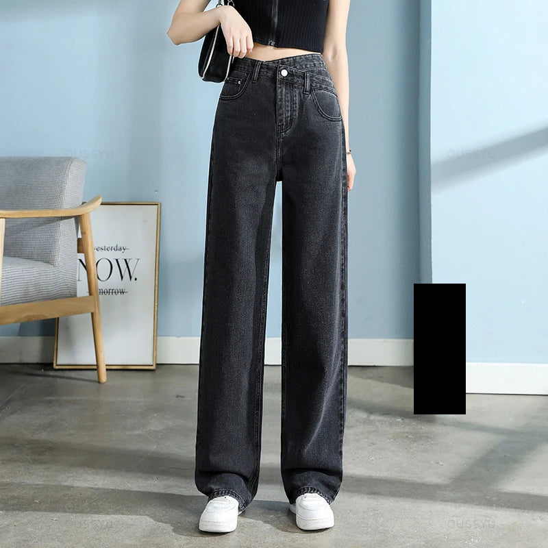 High Quality Cotton Jeans Women Wide Leg Denim Pants Femme Black Blue Streetwear Baggy Straight Design Waist Trousers Woman XXL