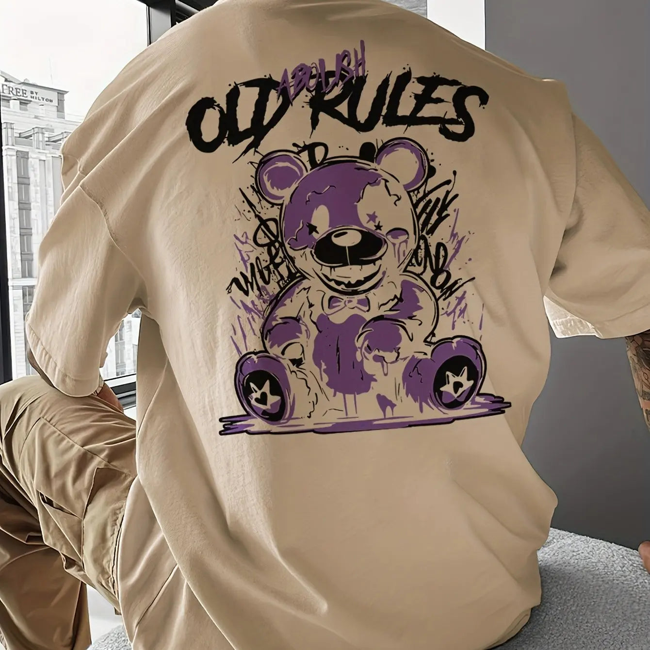 Men's Summer 100 Cotton Fashionable Casual Sports Loose Large Cartoon Bear Pattern Printed Round Neck Short Sleeve T-shirt Top