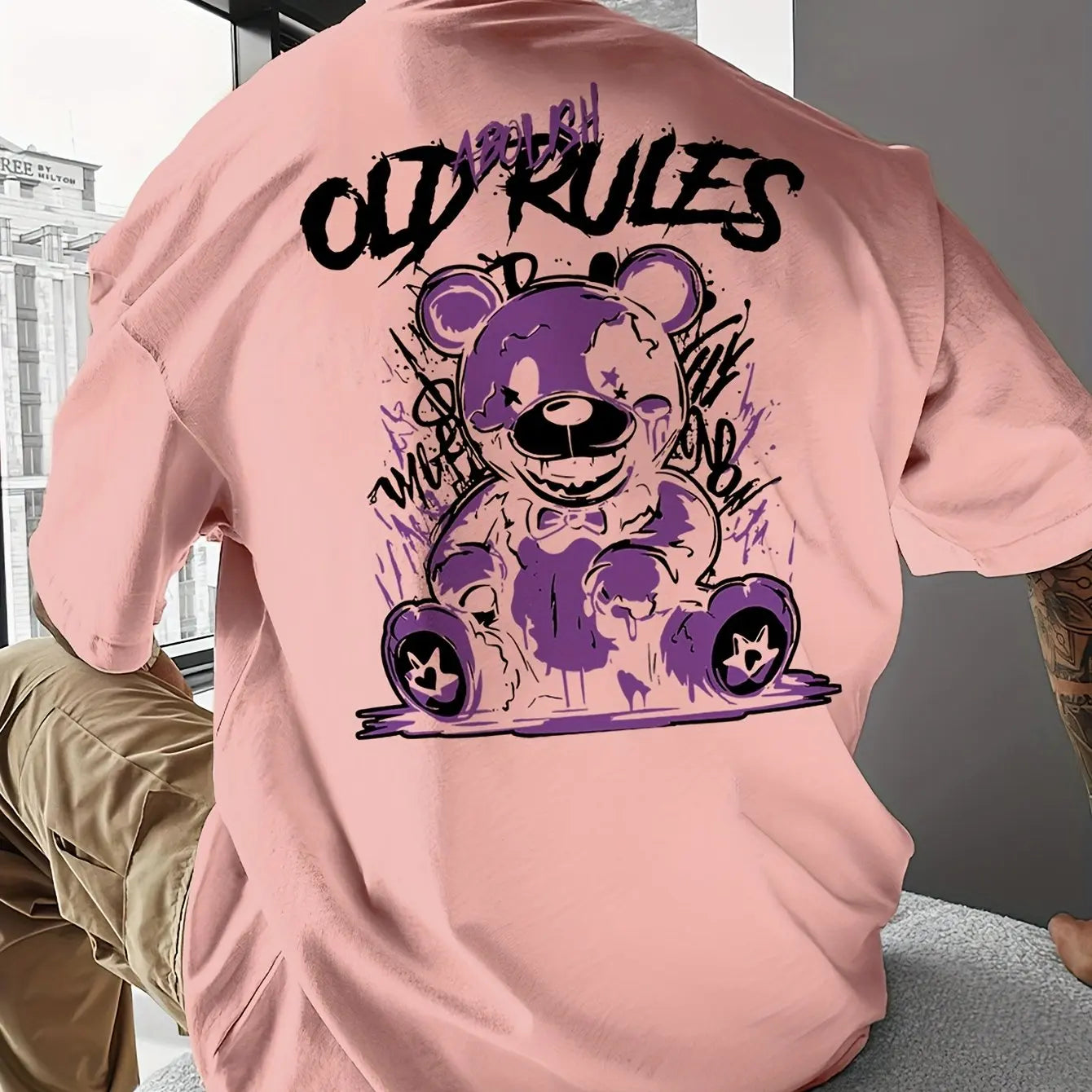 Men's Summer 100 Cotton Fashionable Casual Sports Loose Large Cartoon Bear Pattern Printed Round Neck Short Sleeve T-shirt Top
