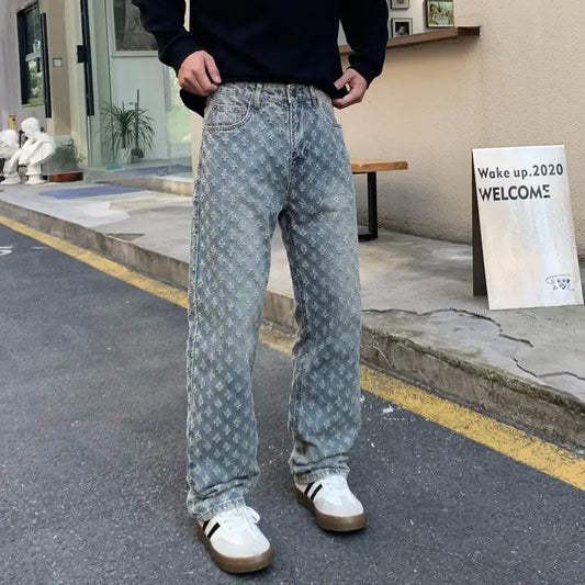 Blue jeans Personalized Men's jacquard pattern Vintage embossed Streetwear loose jeans men's pants loose straight bottoms men's