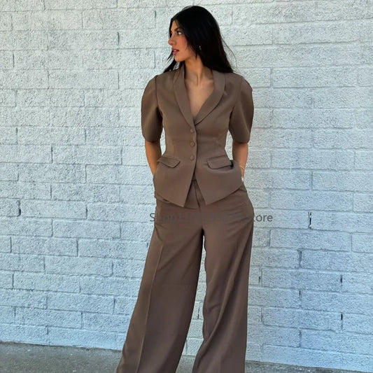 Elegant Solid Blazer Pants Sets Women Shoulder Pads Button Short Sleeve Jacket Wide Leg Trousers 2025 Spring Lady Street Outfits