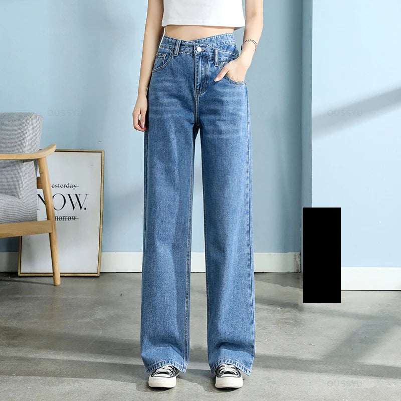 High Quality Cotton Jeans Women Wide Leg Denim Pants Femme Black Blue Streetwear Baggy Straight Design Waist Trousers Woman XXL