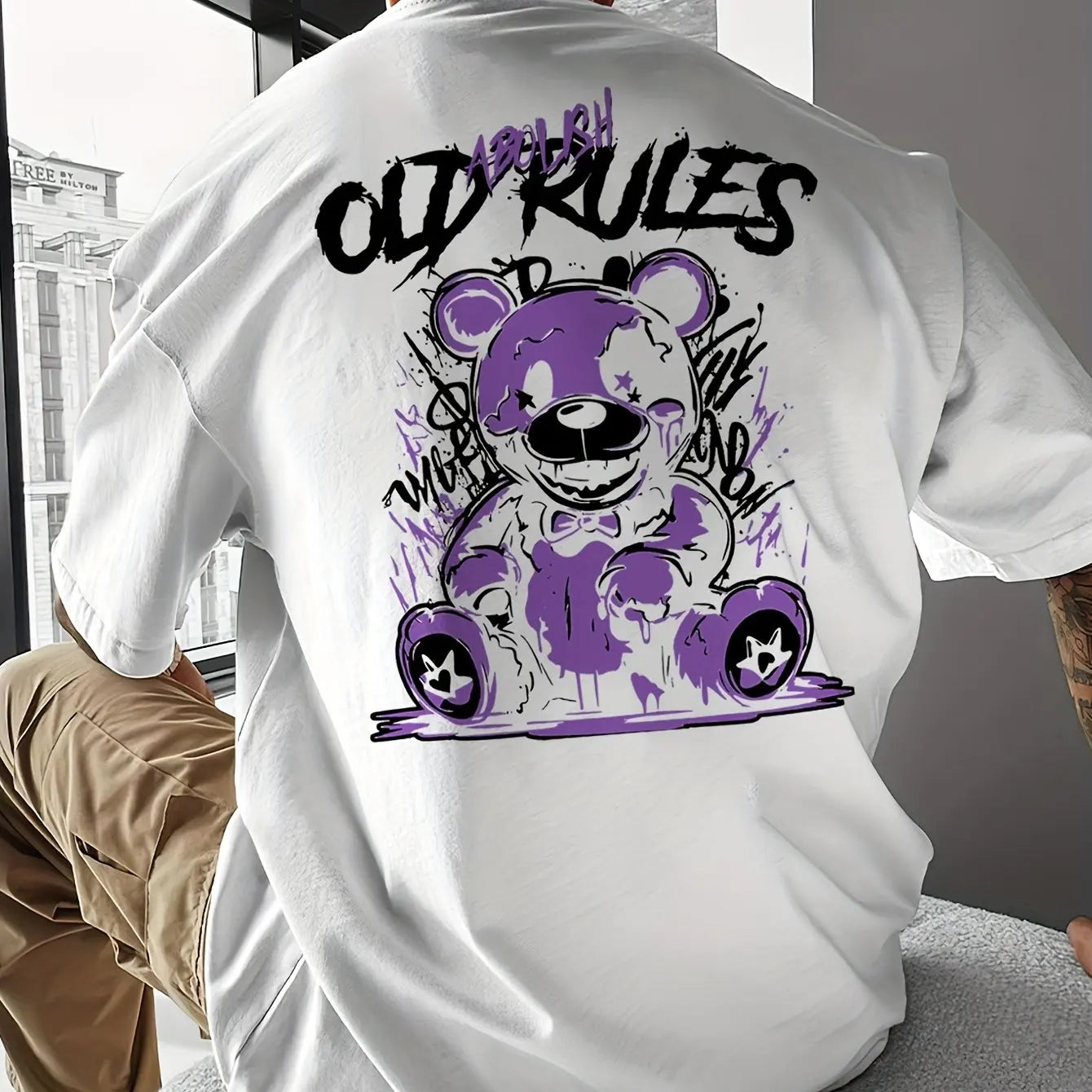 Men's Summer 100 Cotton Fashionable Casual Sports Loose Large Cartoon Bear Pattern Printed Round Neck Short Sleeve T-shirt Top