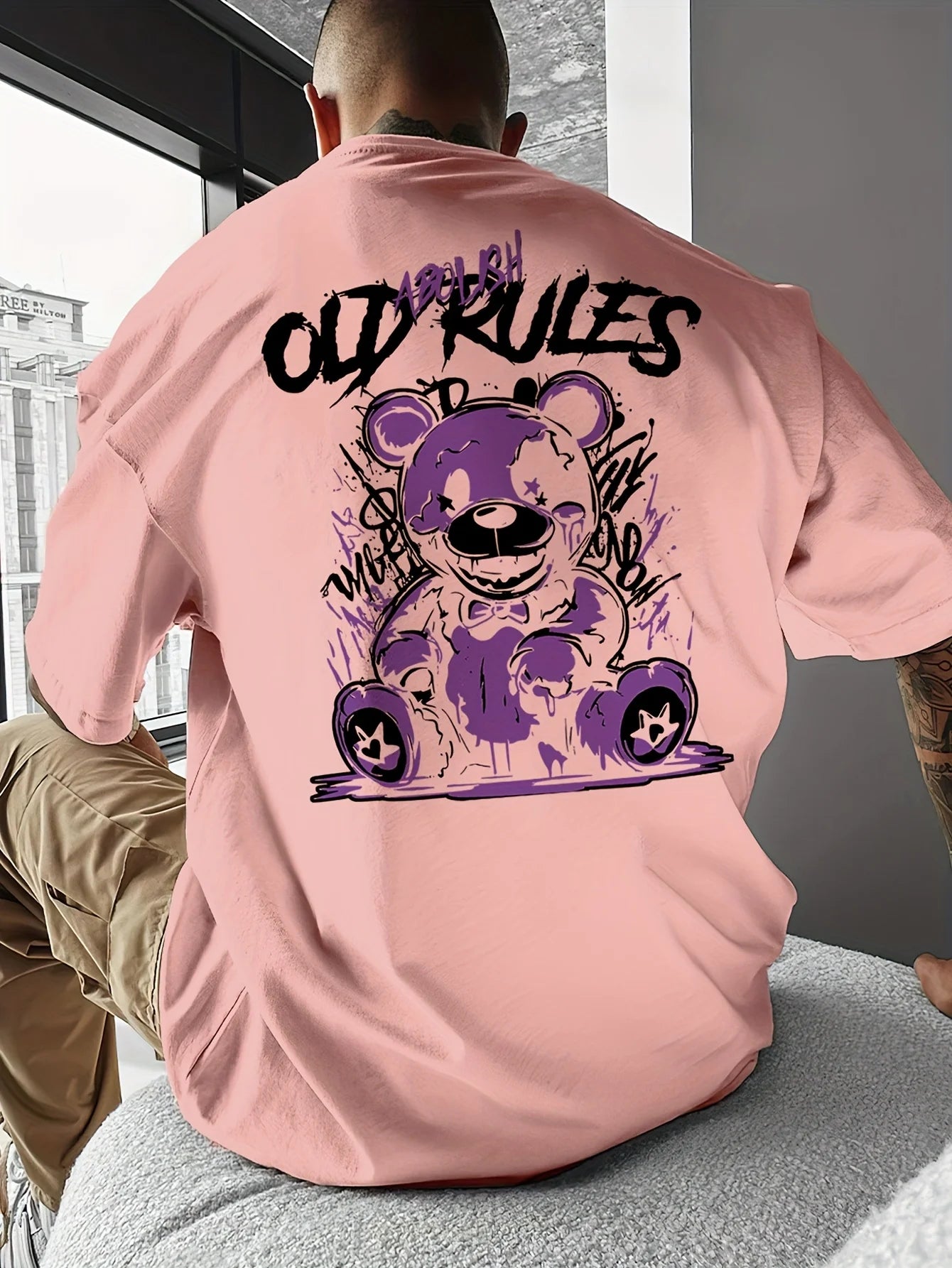 Men's Summer 100 Cotton Fashionable Casual Sports Loose Large Cartoon Bear Pattern Printed Round Neck Short Sleeve T-shirt Top