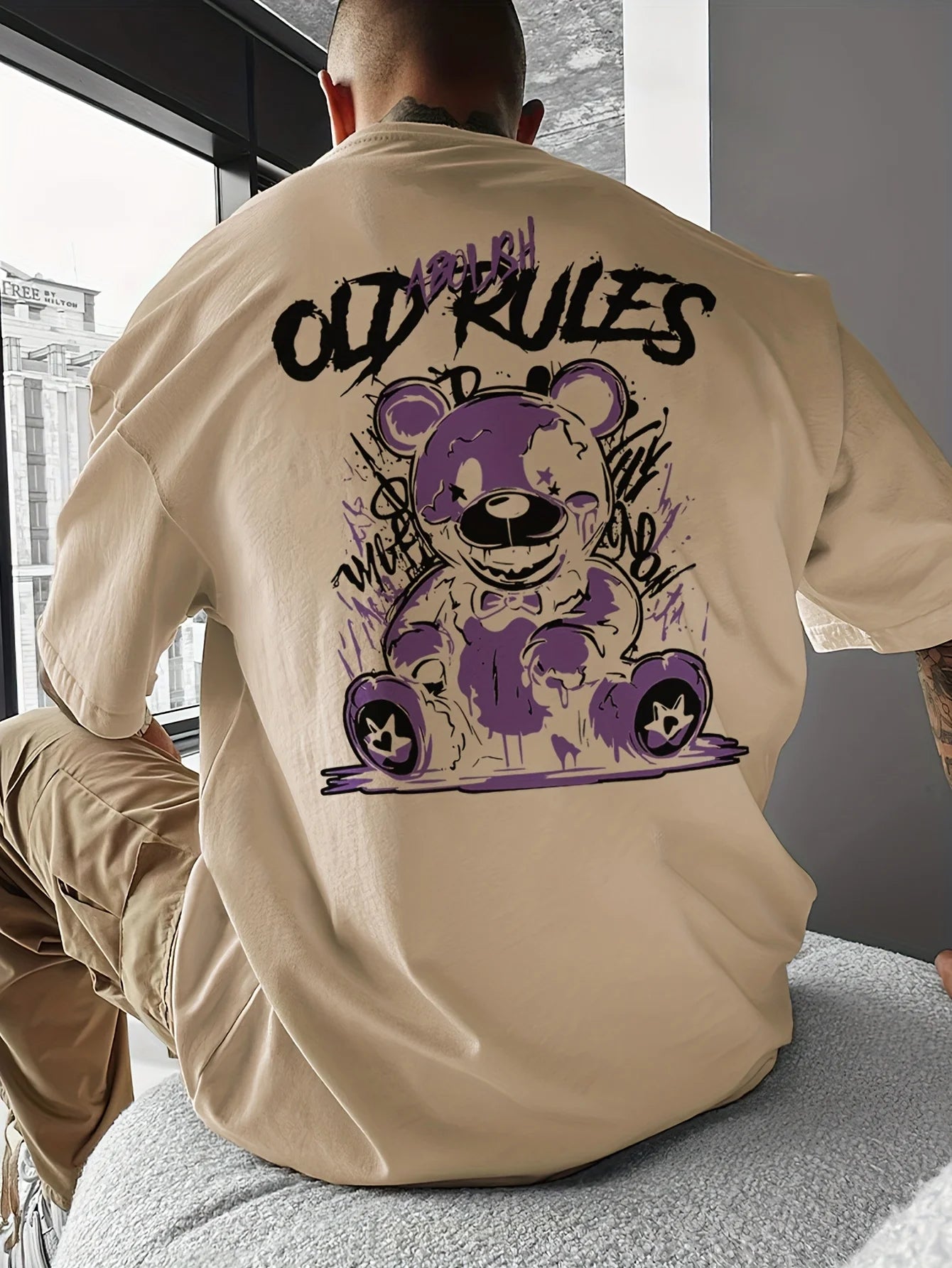 Men's Summer 100 Cotton Fashionable Casual Sports Loose Large Cartoon Bear Pattern Printed Round Neck Short Sleeve T-shirt Top