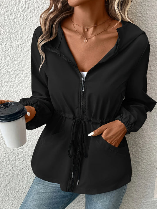 Women's Fashion Hooded Waist Cord Zipper Open Door No Open Pocket Windbreaker